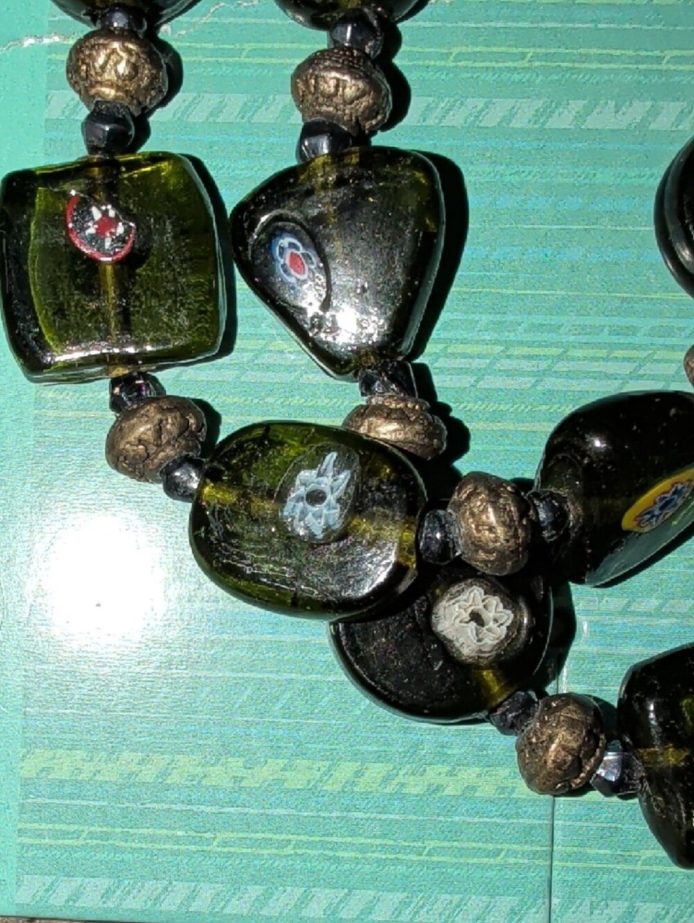 1950's Dual Strand Murano Venetian Olive Green Glass Millefiori Bead Necklace - Picture 6 of 16